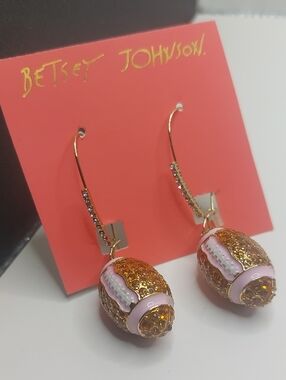 Betsey Johnson Football Rhinestone Gold Toned Dangle Pierced Earrings